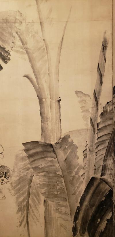 Japanese Two Panel Screen Ink Painting of Banana Leaves on Mulberry Paper