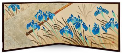 Japanese Two Panel Screen Irises Along a Raised Garden Walkway