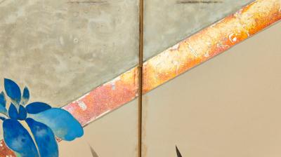 Japanese Two Panel Screen Irises Along a Raised Garden Walkway