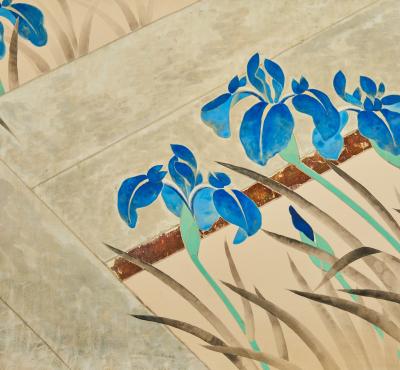 Japanese Two Panel Screen Irises Along a Raised Garden Walkway