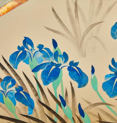 Japanese Two Panel Screen Irises Along a Raised Garden Walkway