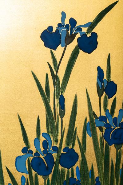 Japanese Two Panel Screen Irises on Gold