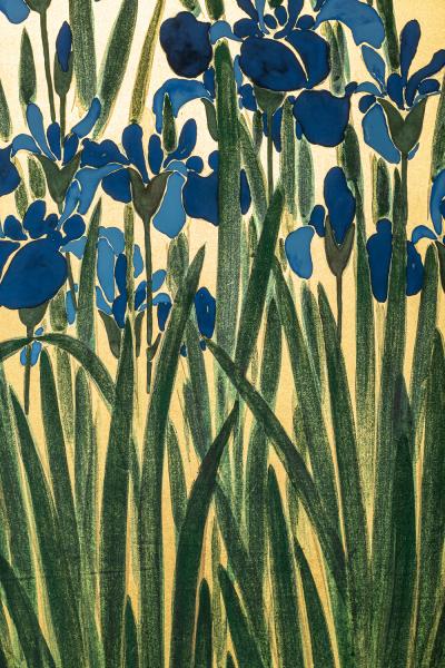 Japanese Two Panel Screen Irises on Gold
