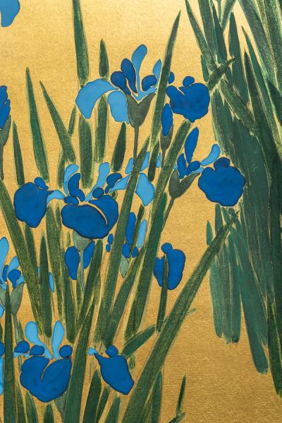 Japanese Two Panel Screen Irises on Gold