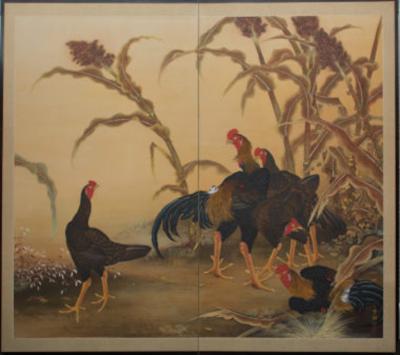 Japanese Two Panel Screen Japanese Chickens Shamo Breed in a Millet Grove