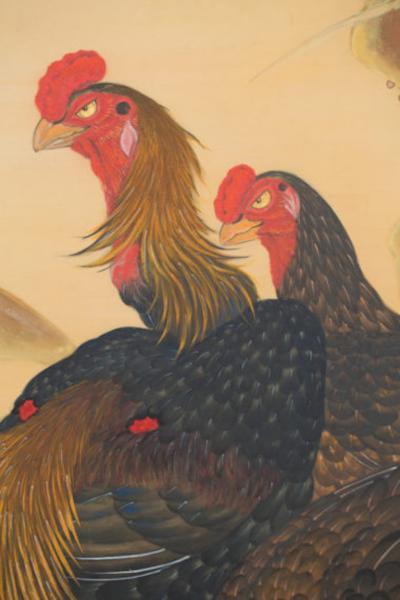 Japanese Two Panel Screen Japanese Chickens Shamo Breed in a Millet Grove