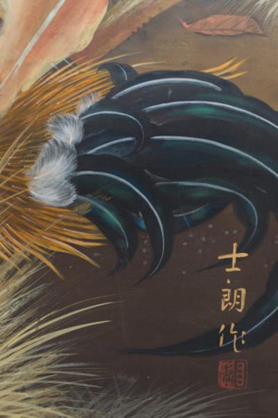 Japanese Two Panel Screen Japanese Chickens Shamo Breed in a Millet Grove