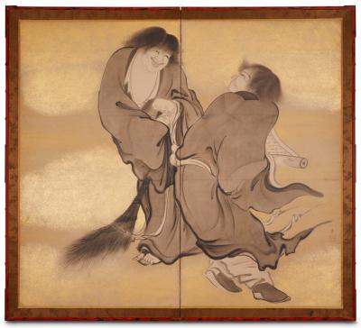 Japanese Two Panel Screen Kanzan and Jittoku
