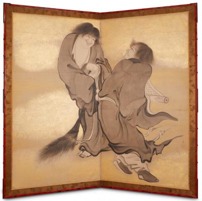 Japanese Two Panel Screen Kanzan and Jittoku