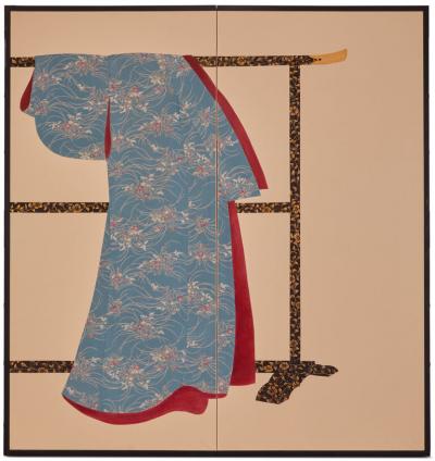Japanese Two Panel Screen Kimono On Lacquer Rack