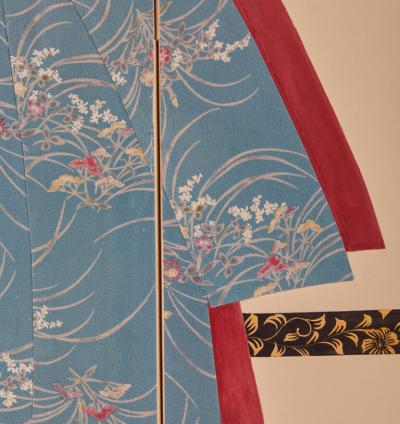 Japanese Two Panel Screen Kimono On Lacquer Rack