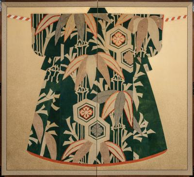 Japanese Two Panel Screen Late 19th Century Kimono Mounted on Early 20th