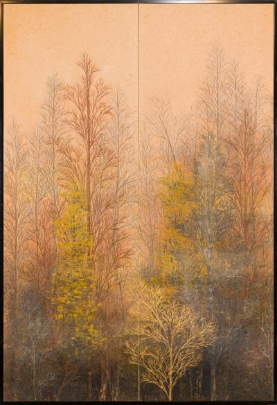 Japanese Two Panel Screen Late Autumn Forest Rare Obara Paper Art Screen