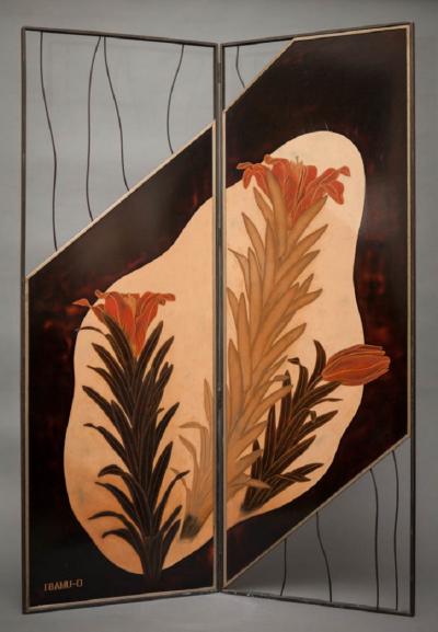Japanese Two Panel Screen Lily Flowers In a Modern Setting