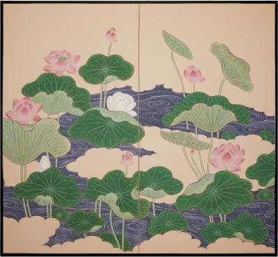 Japanese Two Panel Screen Lotus Leaves and Blossoms