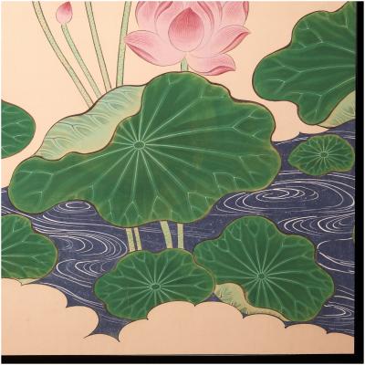 Japanese Two Panel Screen Lotus Leaves and Blossoms