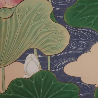 Japanese Two Panel Screen Lotus Leaves and Blossoms