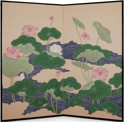 Japanese Two Panel Screen Lotus Leaves and Blossoms