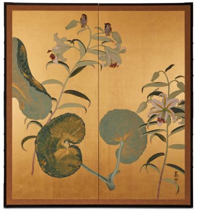 Japanese Two Panel Screen Lotus Leaves and Stargazer Lilies on Gold