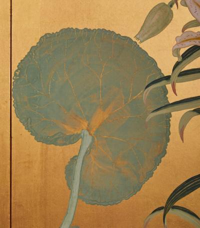 Japanese Two Panel Screen Lotus Leaves and Stargazer Lilies on Gold