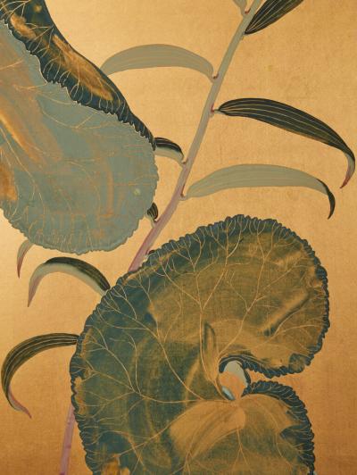 Japanese Two Panel Screen Lotus Leaves and Stargazer Lilies on Gold