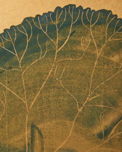 Japanese Two Panel Screen Lotus Leaves and Stargazer Lilies on Gold