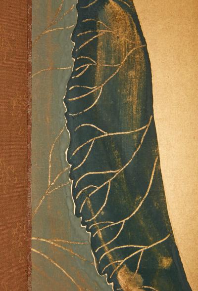 Japanese Two Panel Screen Lotus Leaves and Stargazer Lilies on Gold