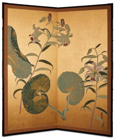 Japanese Two Panel Screen Lotus Leaves and Stargazer Lilies on Gold