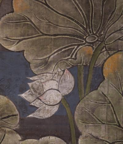 Japanese Two Panel Screen Lotus and Heron