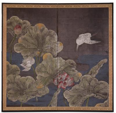 Japanese Two Panel Screen Lotus and Heron