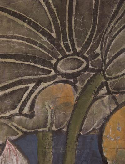 Japanese Two Panel Screen Lotus and Heron