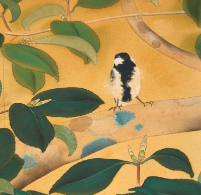 Japanese Two Panel Screen Magnolia Tree in Bloom