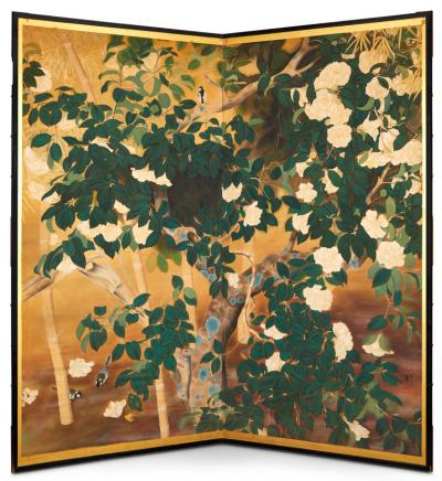 Japanese Two Panel Screen Magnolia Tree in Bloom