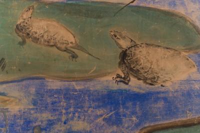 Japanese Two Panel Screen Manchurian Crane and Turtles