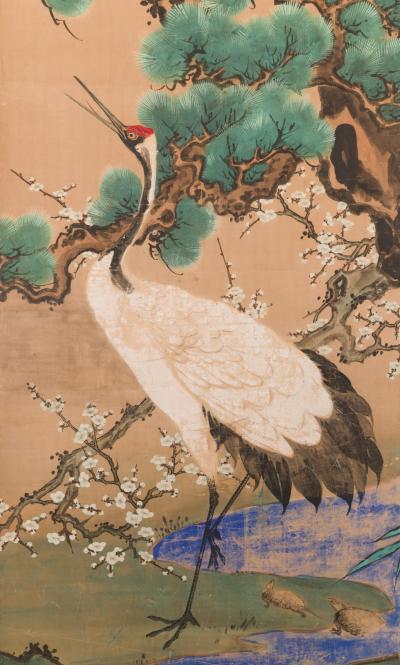 Japanese Two Panel Screen Manchurian Crane and Turtles