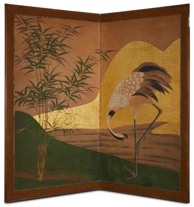 Japanese Two Panel Screen Manchurian Crane by Water s Edge