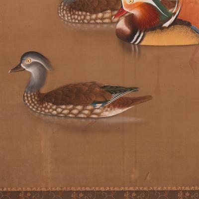Japanese Two Panel Screen Mandarin Ducks Among Dry Lotus