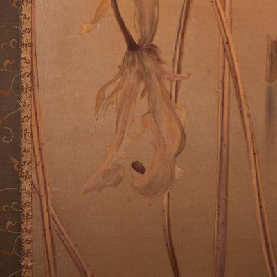 Japanese Two Panel Screen Mandarin Ducks Among Dry Lotus