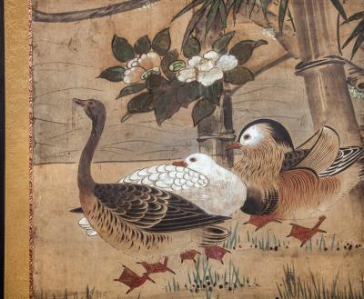 Japanese Two Panel Screen Mandarin Ducks and Geese Among Bamboo and Flowers