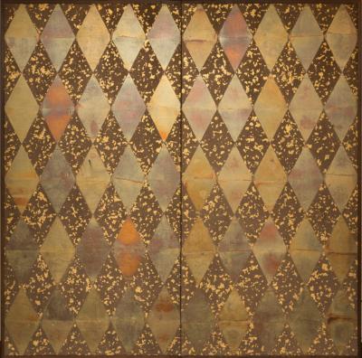 Japanese Two Panel Screen Mica Diamonds on Heavy Gold Fragments