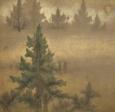 Japanese Two Panel Screen Misty Cedar Forest