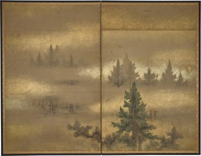 Japanese Two Panel Screen Misty Cedar Forest