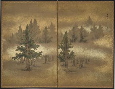 Japanese Two Panel Screen Misty Cedar Forest