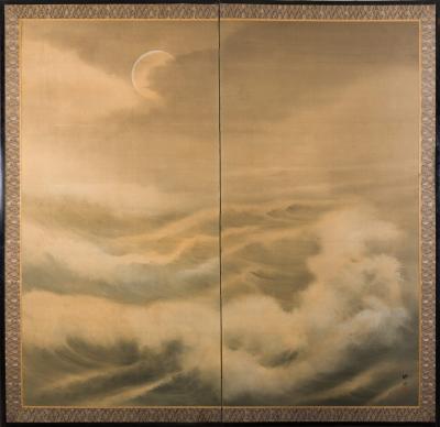 Japanese Two Panel Screen Moon Over Stormy Seas