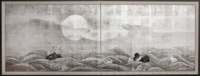 Japanese Two Panel Screen Moon Rising Over Turbulent Ocean Landscape