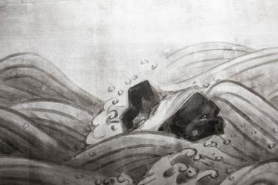 Japanese Two Panel Screen Moon Rising Over Turbulent Ocean Landscape