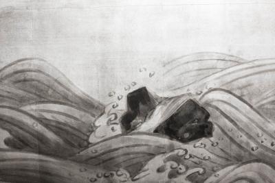 Japanese Two Panel Screen Moon Rising Over Turbulent Ocean Landscape