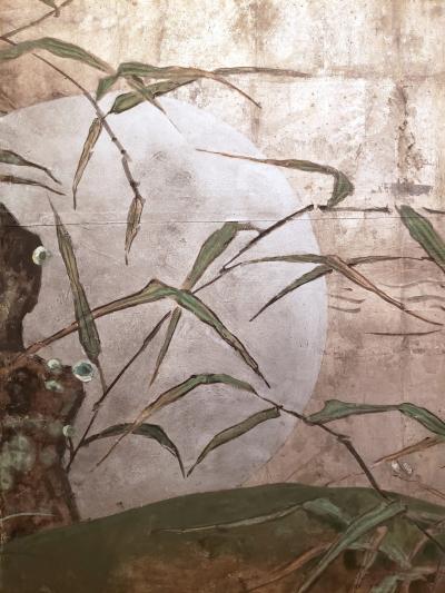 Japanese Two Panel Screen Moon Rising Through Bamboo On Silver Leaf