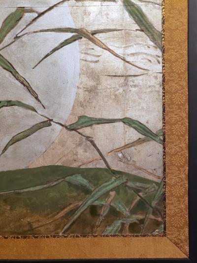 Japanese Two Panel Screen Moon Rising Through Bamboo On Silver Leaf