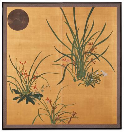 Japanese Two Panel Screen Moon and Flowers